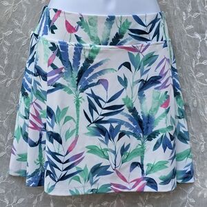 Tommy Bahama White Tennis Skort with Blue, Green & Pink Tropical Leaves, Pleated